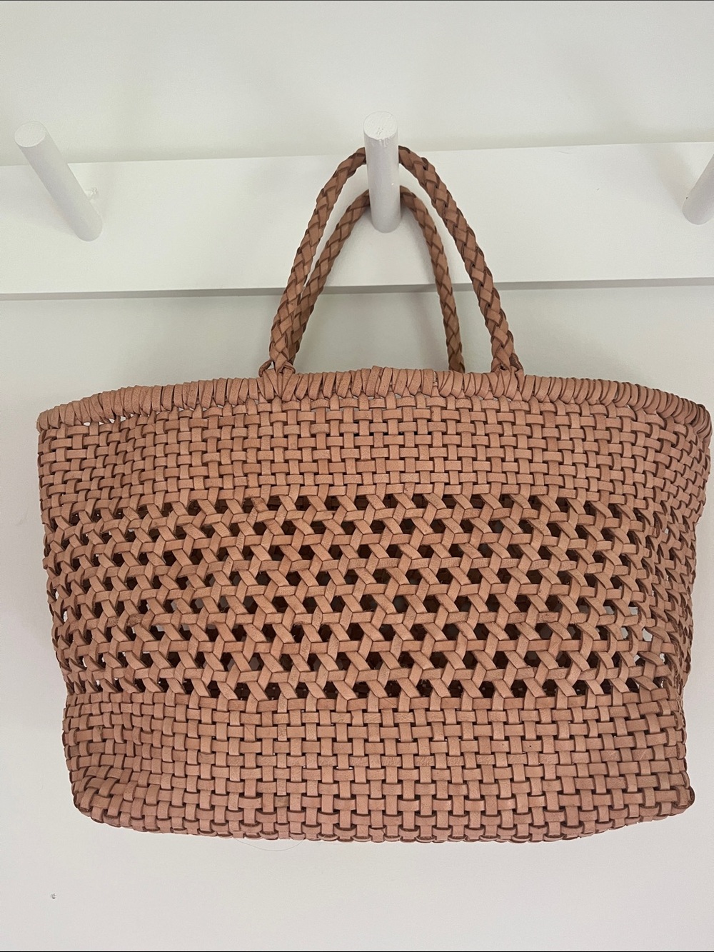 Anthropologie Woven Leather Tote in light brown-Dragon Diffusion type.